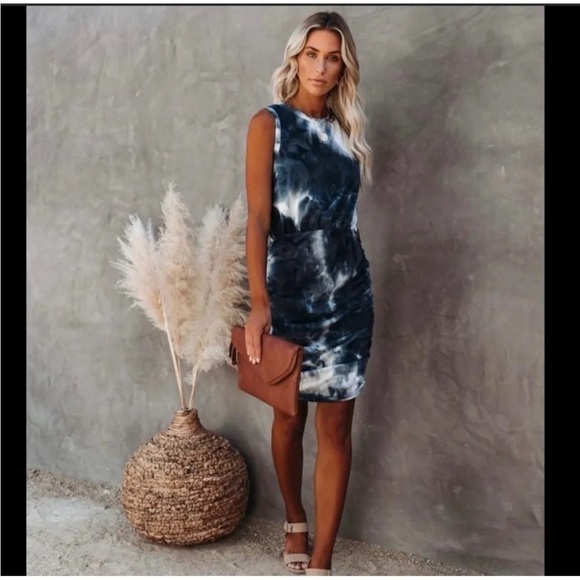 VICI Navy Tie Dye Ruched Dress, Size S - Picture 1 of 8